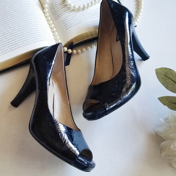 Alex Marie Shoes - Alex Marie Black Embossed Leather Peep Toe Heels